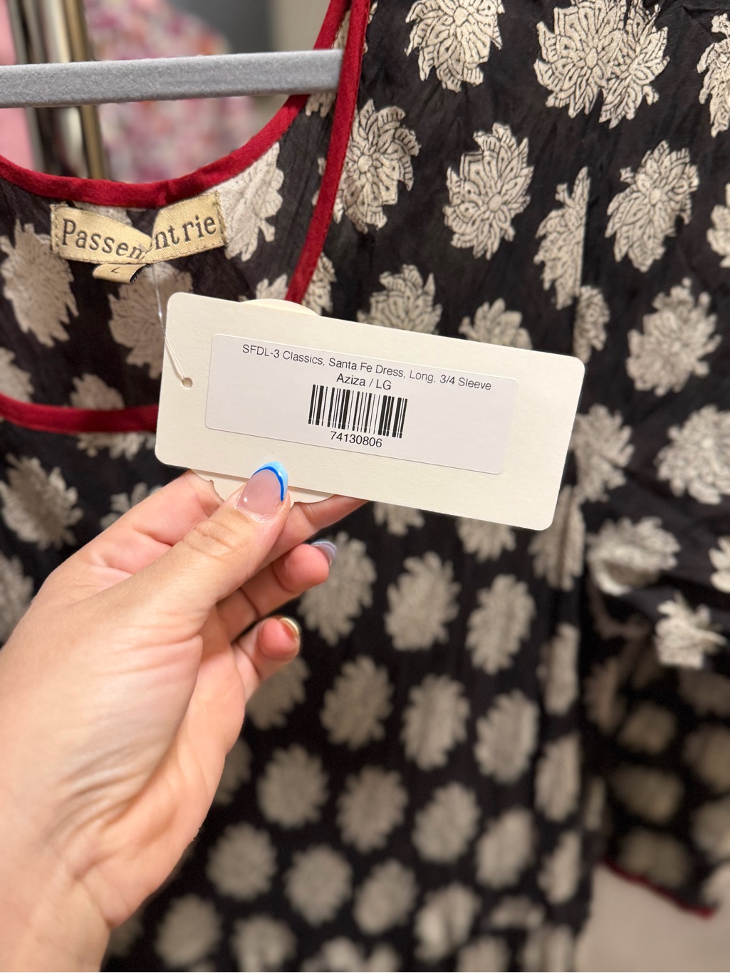 Black Floral Long-Sleeve Tiered Midi Dress With Red Trim — image 3 of 4